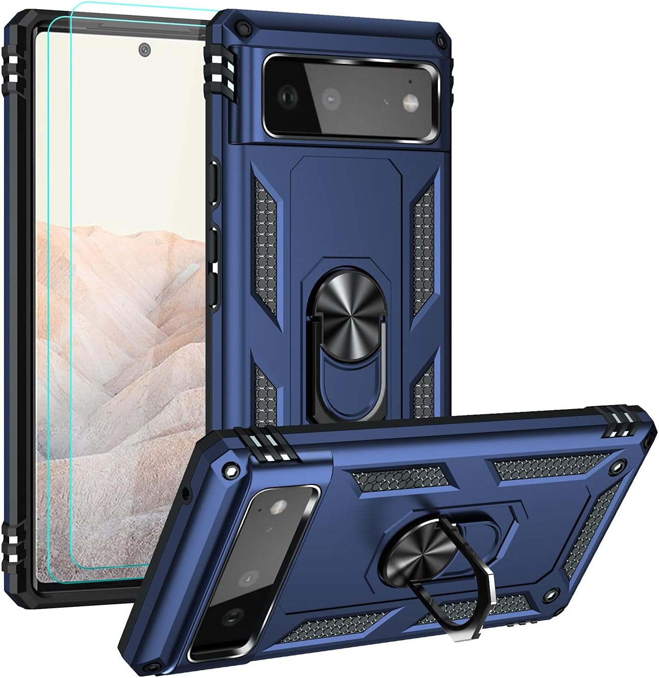 Androgate Designed for Google Pixel 6 Case with HD Screen Protectors, Military-Grade Metal Ring Holder Kickstand 15Ft Drop Tested Shockproof Cover Case for Pixel 6 Red  Androgate Blue  