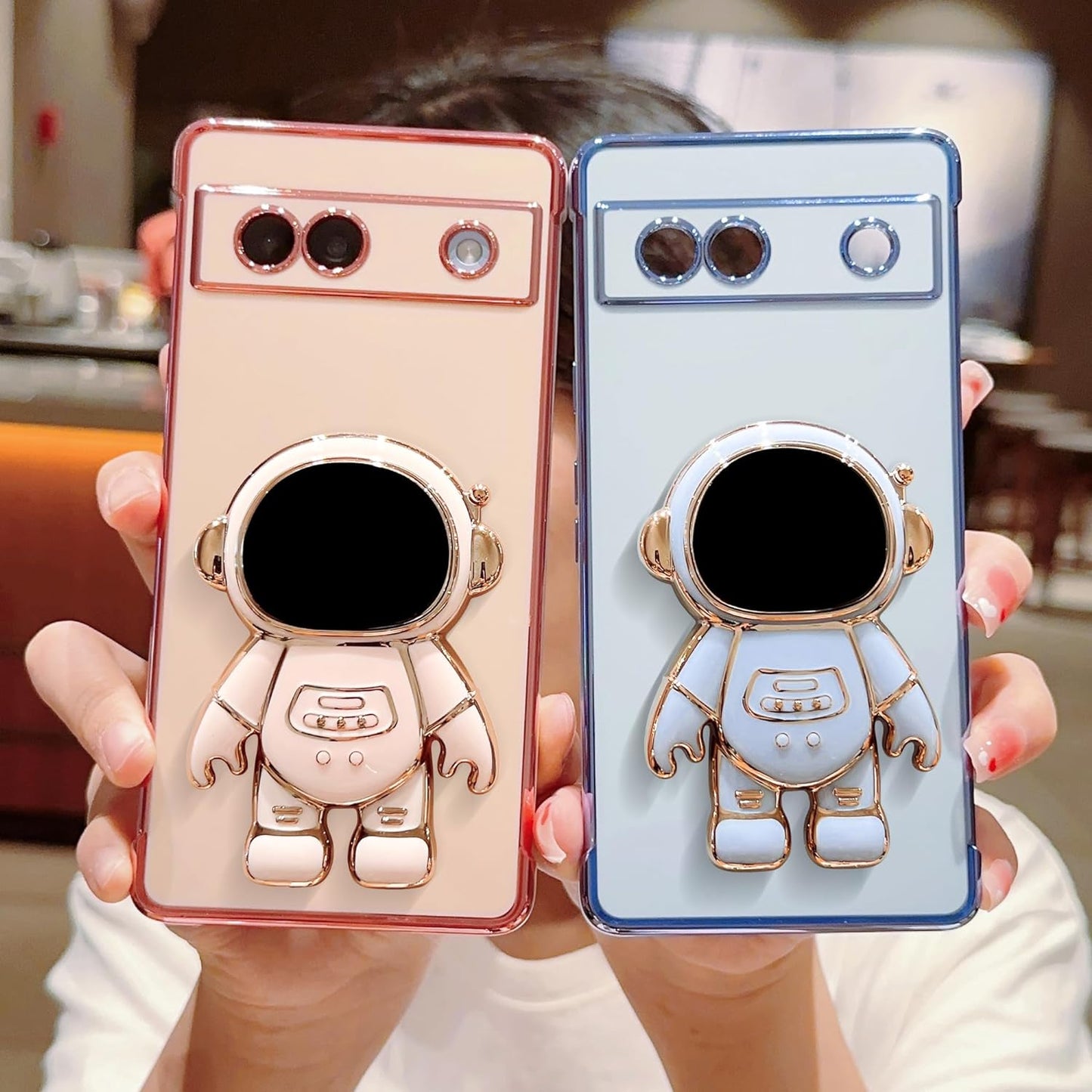 Phylla Phone Case for Google Pixel 7A 6.1” 5G,Luxury Plating Astronaut Stand Holder Phone Case with Cute Love Heart Side Small Pattern Soft Silicone Shockproof Kickstand Cover Bumper (Pink)  phylla   