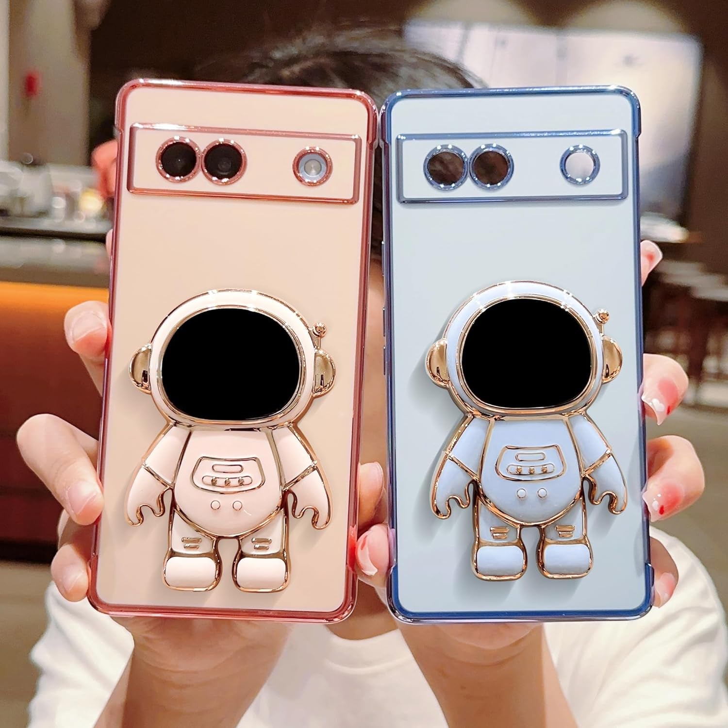 Phylla Phone Case for Google Pixel 7A 6.1” 5G,Luxury Plating Astronaut Stand Holder Phone Case with Cute Love Heart Side Small Pattern Soft Silicone Shockproof Kickstand Cover Bumper (Pink)  phylla   