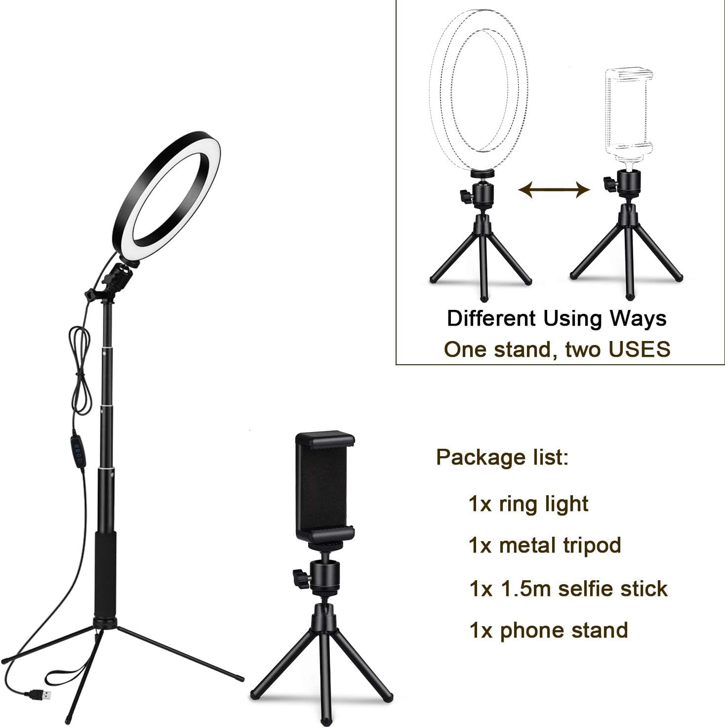 LEDGLE Upgraded Selfie Ring Light with Tripod Stand & Cell Phone Holder & Selfie Stick 8" Dimmable Ring Light with 3 Light Mode and 10 Level Brightness for Live Stream Makeup and Youtube Video  LEDGLE   