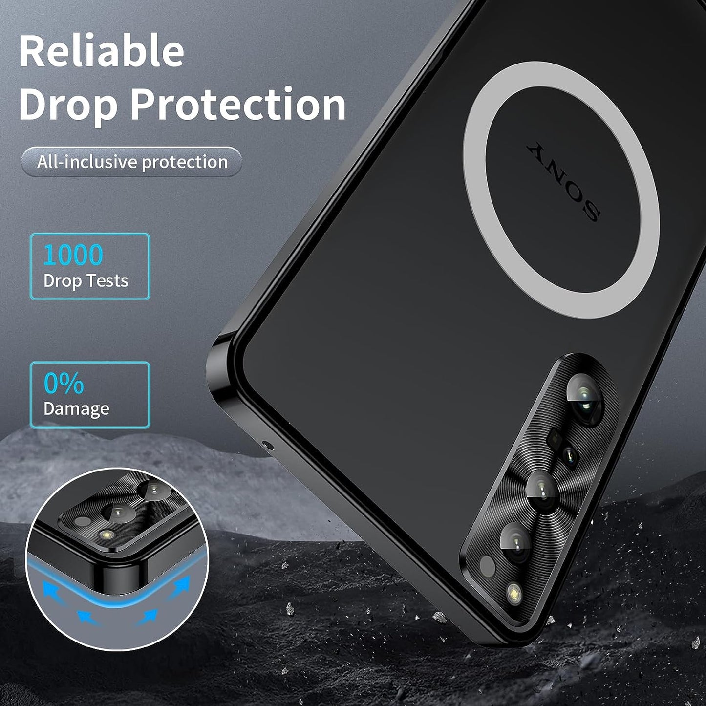 LOVE MEI Shockproof Case for Sony Xperia 1 V, Metal Frame Bumper Case + Matte PC Back Cover [Ultra Thin] [Scratch Resistant] with Lens Protection Support Magnetic Wireless Charger (Black)  LOVE MEI   