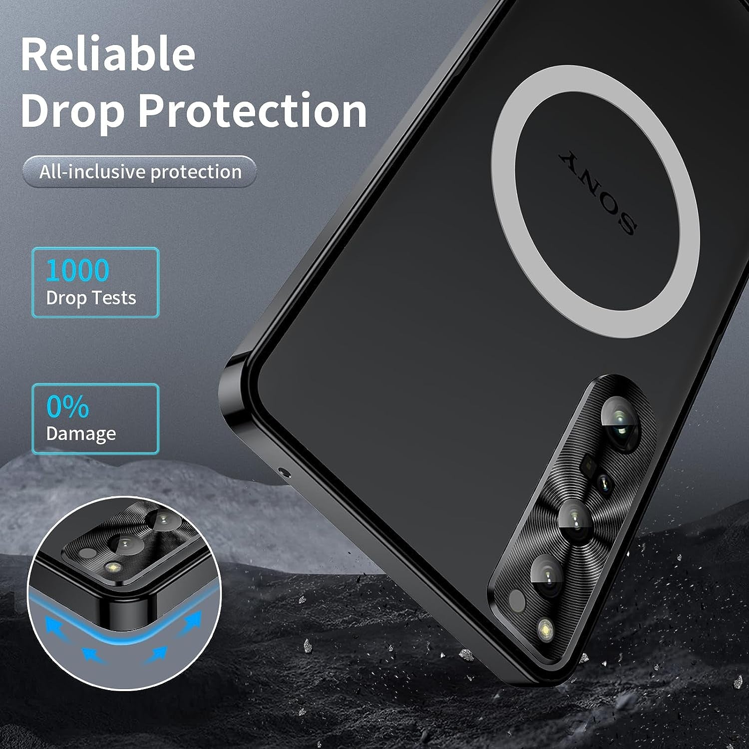 LOVE MEI Shockproof Case for Sony Xperia 1 V, Metal Frame Bumper Case + Matte PC Back Cover [Ultra Thin] [Scratch Resistant] with Lens Protection Support Magnetic Wireless Charger (Black)  LOVE MEI   