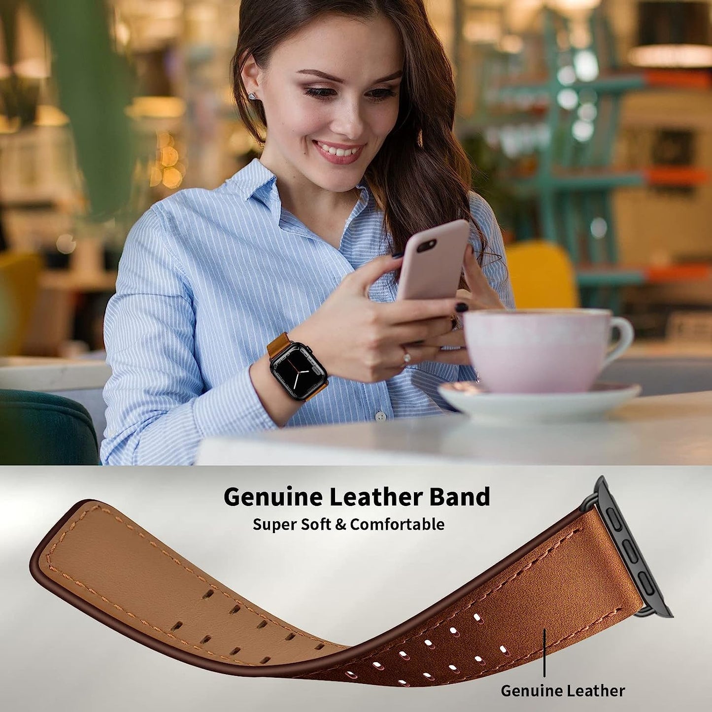 OUHENG Leather Bands Compatible with Apple Watch Band 49Mm 45Mm 44Mm 42Mm, Genuine Leather Replacement Band Strap Wristband for Iwatch Ultra Series 8 7 6 5 4 3 2 1 SE2 SE Men Women, Retro Brown/Black  OUHENG   