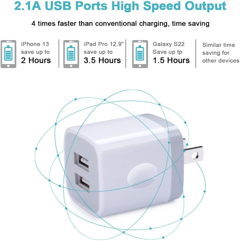 Charger Block, USB Wall Charger, Double USB Fast Charging Cube Block Charger Box, 2.1A Phone Charger Power Adapter 3 Pack for Iphone 14 13 12 11 Pro Max XS XR X 8 7 6S Samsung Galaxy S23 A14 Note 20  Shenzhen Putuo Technology Co.,Ltd   