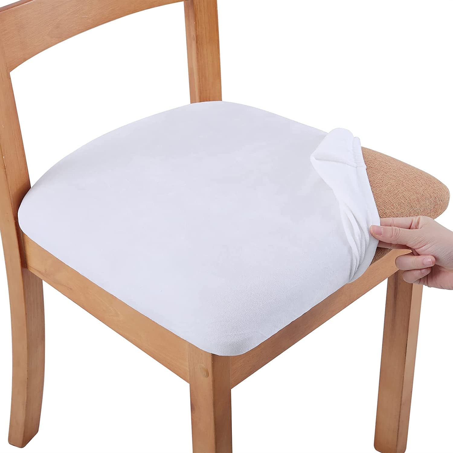 Smiry Original Velvet Dining Chair Seat Covers, Stretch Fitted Dining Room Upholstered Chair Seat Cushion Cover, Removable Washable Furniture Protector Slipcovers with Ties - Set of 2, Black  smiry White 2Pcs 