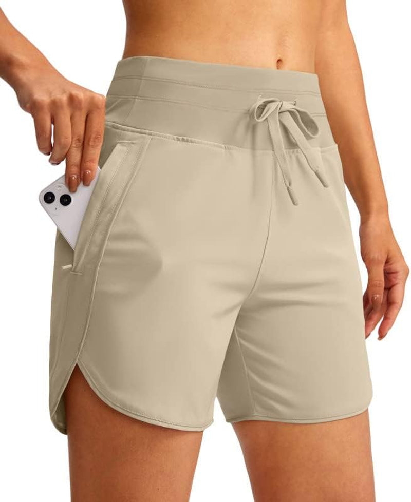 YYV Women'S 5" Running Athletic Shorts High Waisted Lightweight Workout Shorts for Women with Zipper Pockets  YYV Khaki X-Small 