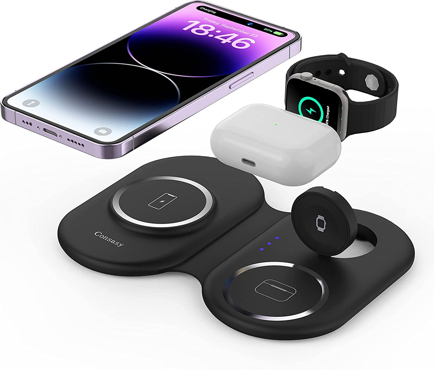 Consasy Magnetic Wireless Charger, Foldable Wireless Charger 3 in 1 Charging Station for Multiple Devices, Travel Charger for Iphone 14 13 12 Series, Airpods 3/2/Pro, Iwatch 2-Ultra(Adapter Included)  Consasy DongGuanShi WeizhiChuang Technology   