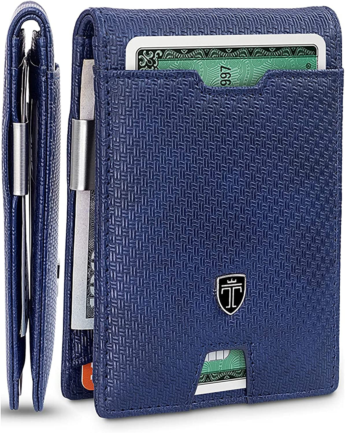 TRAVANDO Mens Slim Wallet with Money Clip AUSTIN RFID Blocking Bifold Credit Card Holder for Men with Gift Box  TRAVANDO Blue & Metal  