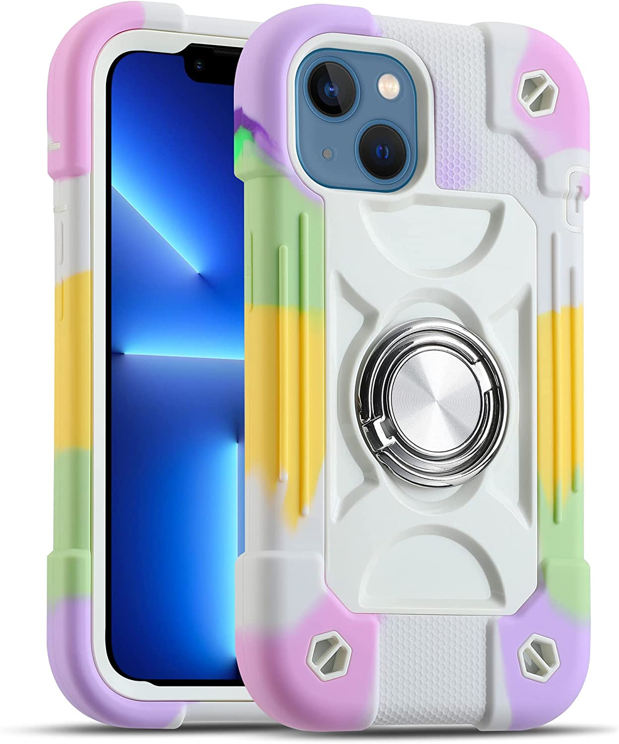 MARKILL Compatible with Iphone 14 Case/Iphone 13 Case 6.1 Inch with Built-In 360°Rotating Ring Stand, Military Grade Drop Protection Full Body Rugged Heavy Duty Case Durable Cover. (Deep Purple)  MARKILL Rainbow White  