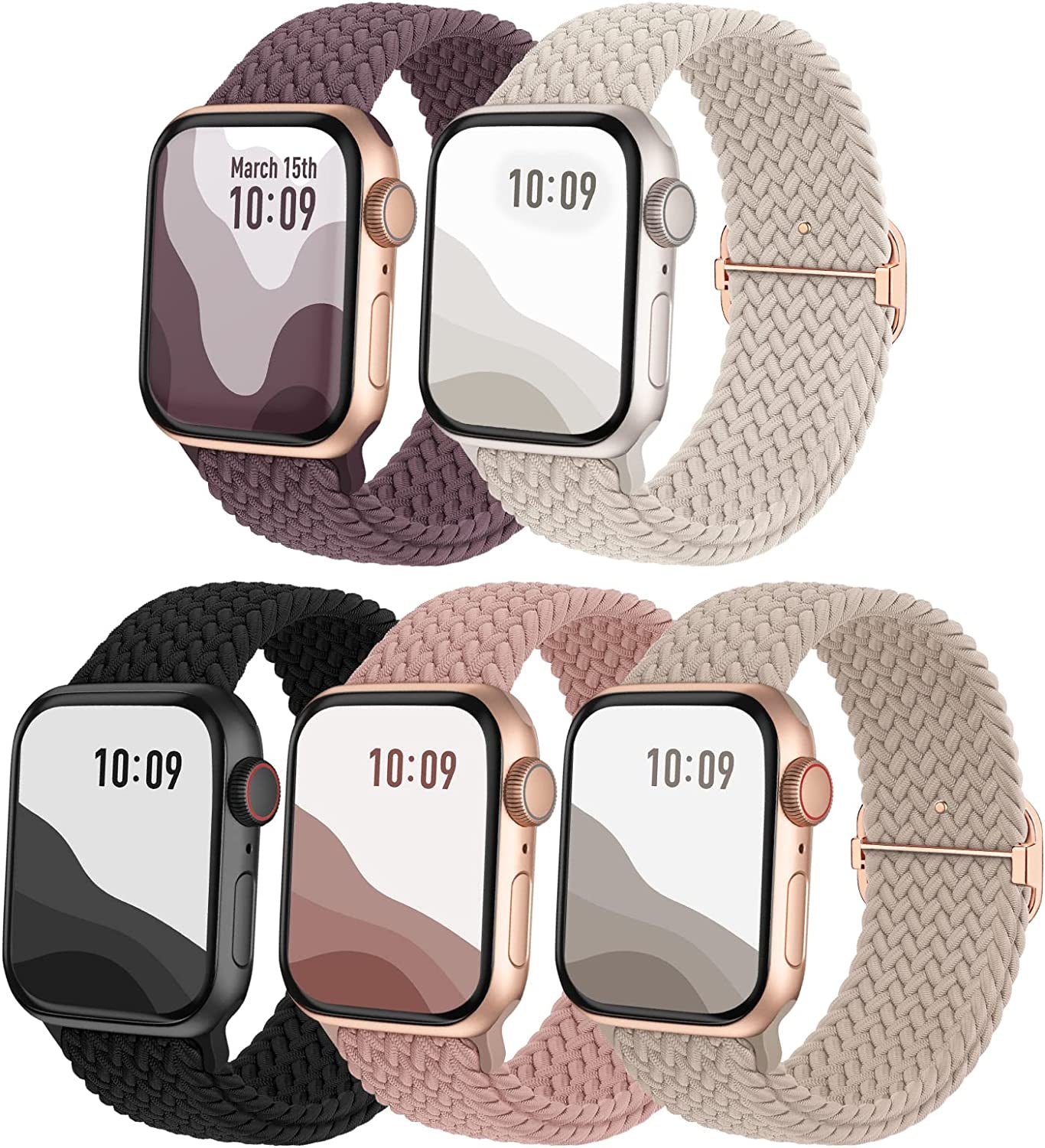 5-Pack Braided Solo Loop Compatible with Apple Watch Band 38Mm 40Mm 41Mm 42Mm 44Mm 45Mm 49Mm Women Men, Adjustable Stretchy Elastic Straps Wristbands for Iwatch Series Ultra SE 8 7 6 5 4 3 2 1  Viccoky Black/MilkTea/Smoke Violet/NudePink/Starlight 38/40/41mm 