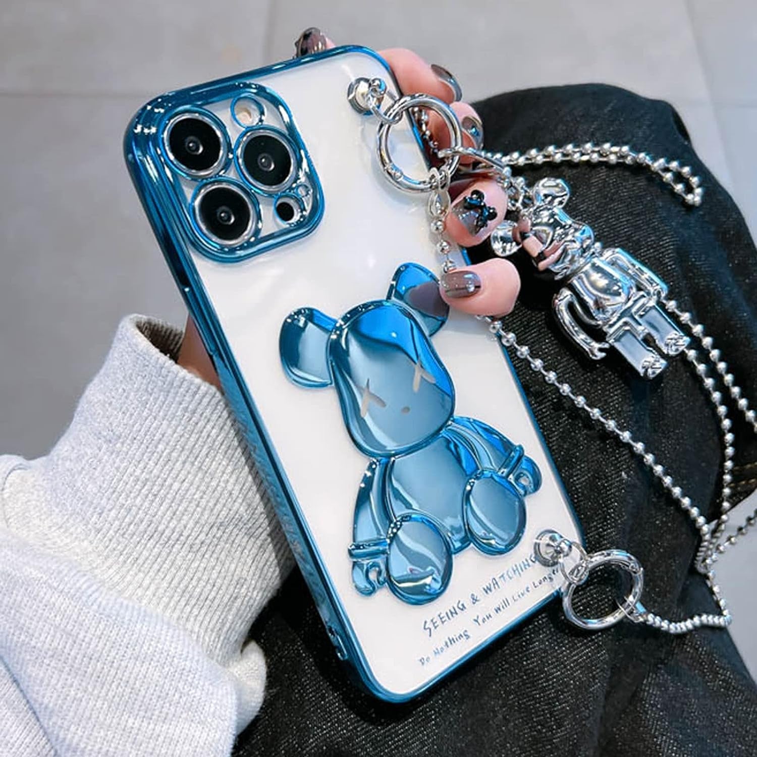 Aartvark Tees Cute Case for Iphone 13, Cartoon Silver Teddy Bear Sparkle Bling Cover with Metal Chain Strap Bell Pendant, Fashion Soft TPU Shockproof, Phone Case Suitable for Women & Girls  aartvark tees Blue Bear For Iphone 11 Pro Max 6.5" 