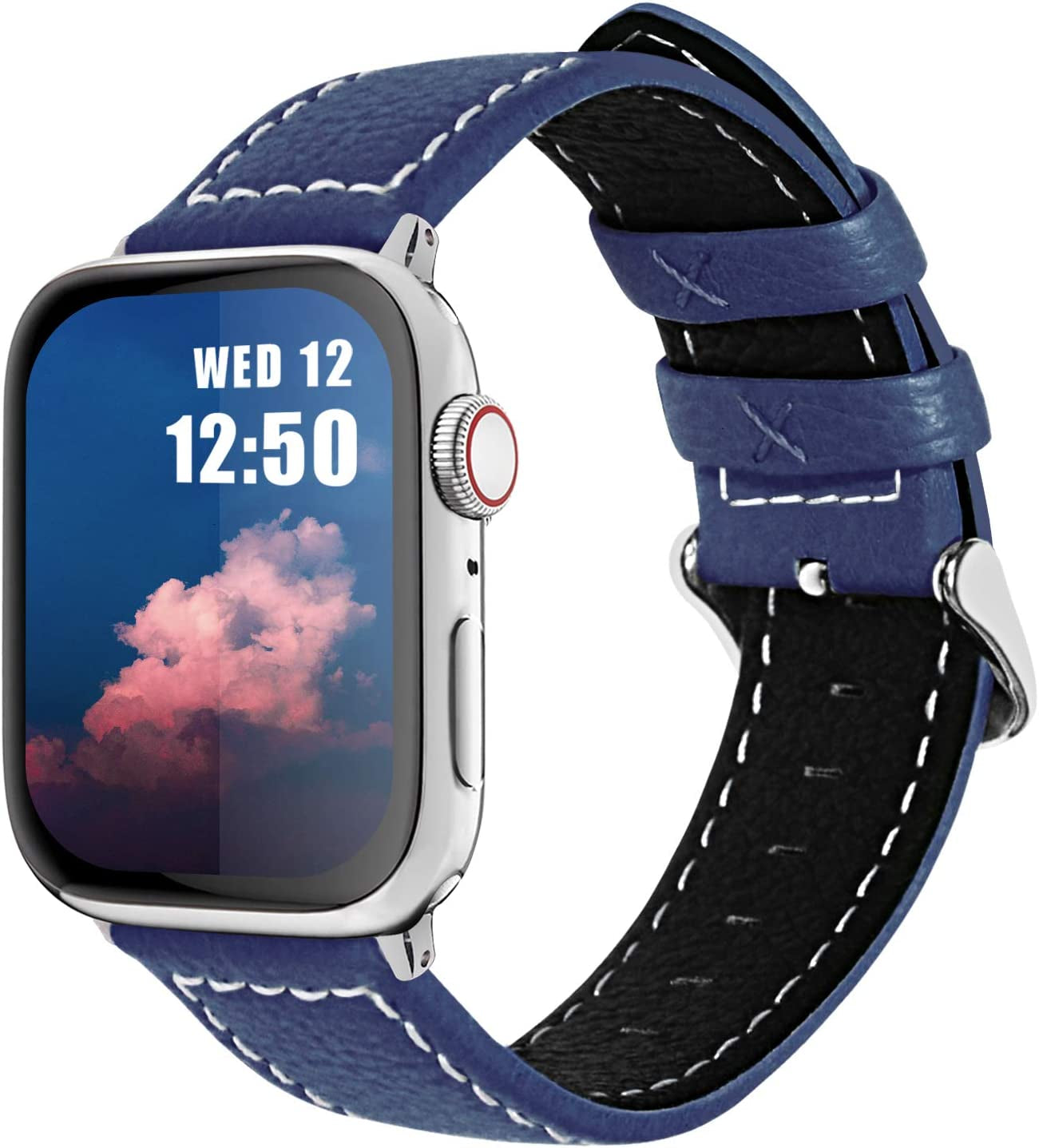 Fullmosa Compatible Apple Watch Band Leather 42Mm 44Mm 45Mm 38Mm 41Mm 40Mm for Iwatch Se/Se2/Series 8/7/6/5/4/3/2/1/Ultra 49Mm,42Mm/44Mm/45Mm White + Silver Buckle  Fullmosa Dark Blue + silver buckle 42mm/44mm/45mm/49mm 