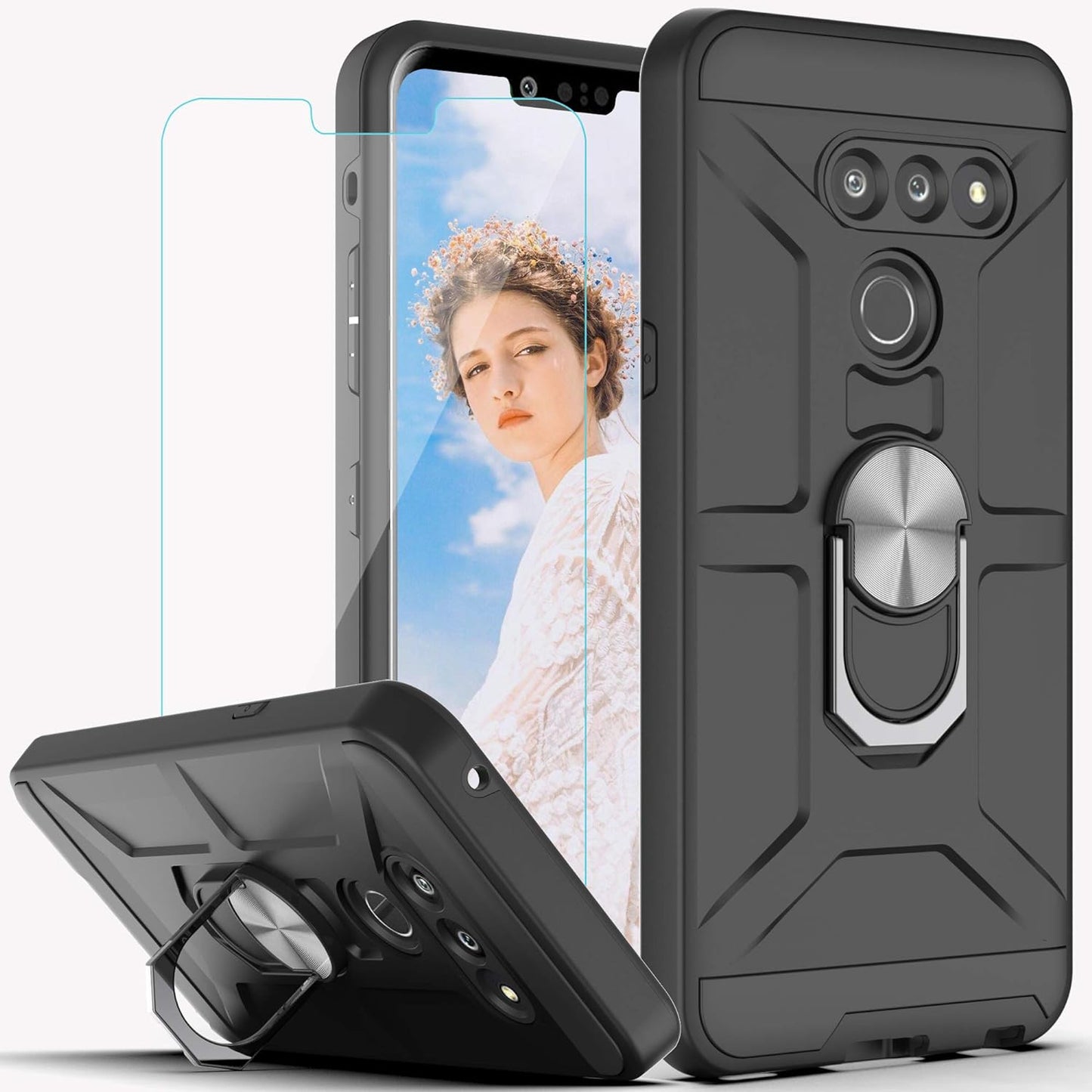 Ymhxcy Compatible for LG G8/G8 Thinq Case with HD Screen Protector,360 Degree Rotating Ring Kickstand Holder Dual Layers of Shockproof Phone Case for LG G8-ZS Rose Gold  YmhxcY Zs-Black  