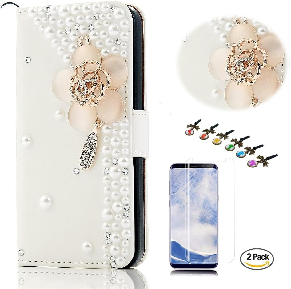 STENES LG V30 Case - STYLISH - 3D Handmade Crystal Leopard Flowers Design Wallet Credit Card Slots Fold Media Stand Leather Cover for LG V30 / LG V30 plus with Screen Protector - Gold  STENES Flowers / Pink  