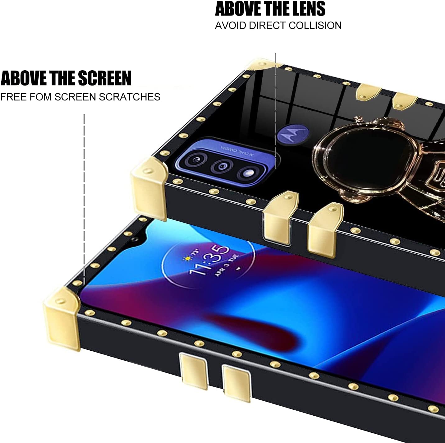 B-Wishy for Moto-G Pure Phone Case,Moto G-Power 2022 Case with Kickstand Ring Holder,Square Rivet for Girls Women Anti-Shock Slim Shockproof TPU Cover Phone Case for Moto G Play 2023(Y Black)  B-wishy   