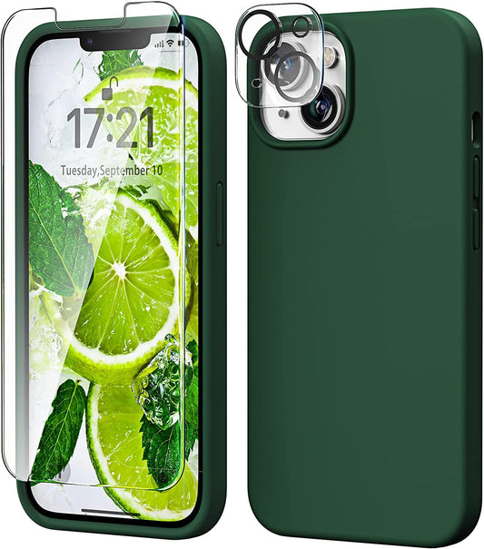 TOCOL [5 in 1 for Iphone 14 Case, with 2 Pack Screen Protector + 2 Pack Camera Lens Protector, Slim Liquid Silicone Phone Case 14 6.1 Inch, [Anti-Scratch] [Drop Protection], Alpine Green  TOCOL Alpine Green  