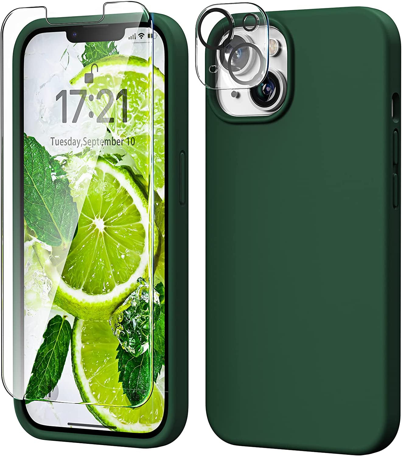 TOCOL [5 in 1 for Iphone 14 Case, with 2 Pack Screen Protector + 2 Pack Camera Lens Protector, Slim Liquid Silicone Phone Case 14 6.1 Inch, [Anti-Scratch] [Drop Protection], Midnight Blue  TOCOL Alpine Green  