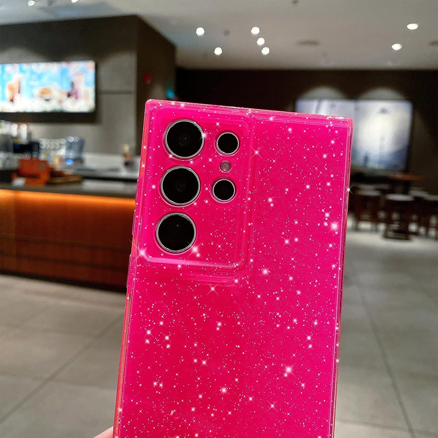 OWLSTAR Compatible with Samsung Galaxy S22 Ultra Case Cute Glitter Neon Bumper, Slim Flexible Protective Sparkly Bling Phone Cover for Women Girls (Hot Pink)  OWLSTAR   