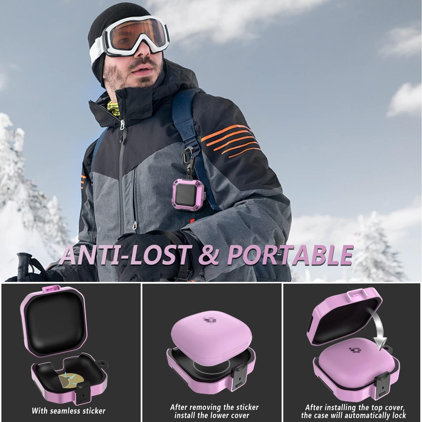 Secure Lock Case for Beats Fit Pro 2021, Carbon Fiber Texture Beats Fit Pro Earbuds Case Cover with Anti-Lost Keychain/Storage Box/Cleaning Brush/Wrist Strap (Pinkish Purple)  Mooyavia   