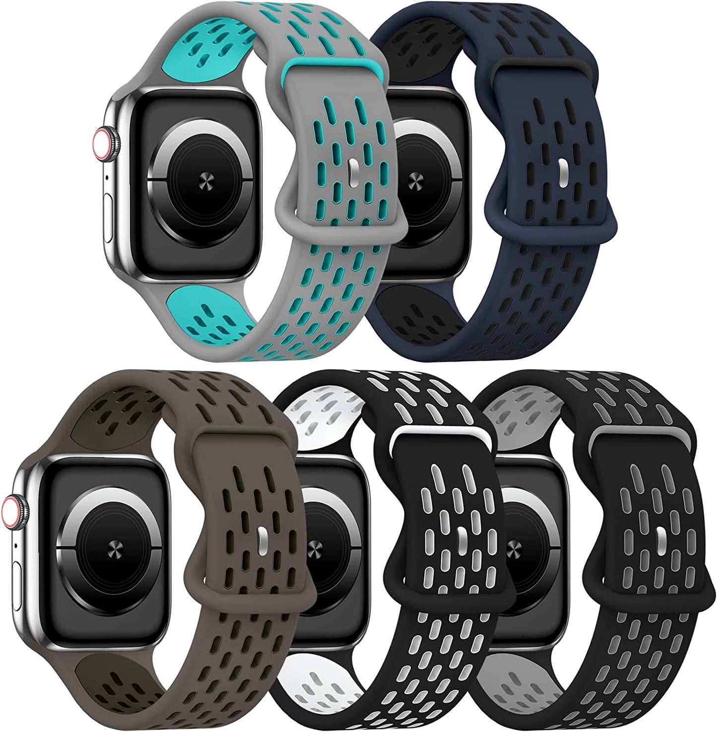 TSAAGAN 5 Pack Sport Silicone Bands Compatible for Apple Watch Band 49Mm 41Mm 45Mm 40Mm 44Mm 38Mm 42Mm, Breathable Strap Replacement Wristband for Iwatch Ultra Series 8/7/SE/6/5/4/3/2/1 Women & Men  TSAAGAN Gray Teal/Midnightblue Black/Olivegray Khaki/Black White/Black Gray 38/40/41mm 