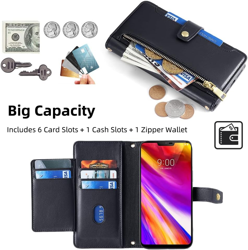Asuwish Phone Case for LG G7 Thinq Wallet Cover and Tempered Glass Screen Protector Leather Card Holder Zipper Stand LGG7 One G 7 plus LG7 Fit Lg7Thinq 7G Thin Q G7+ G7Thinq Lgg7Thinq Women Men Black  Asuwish   