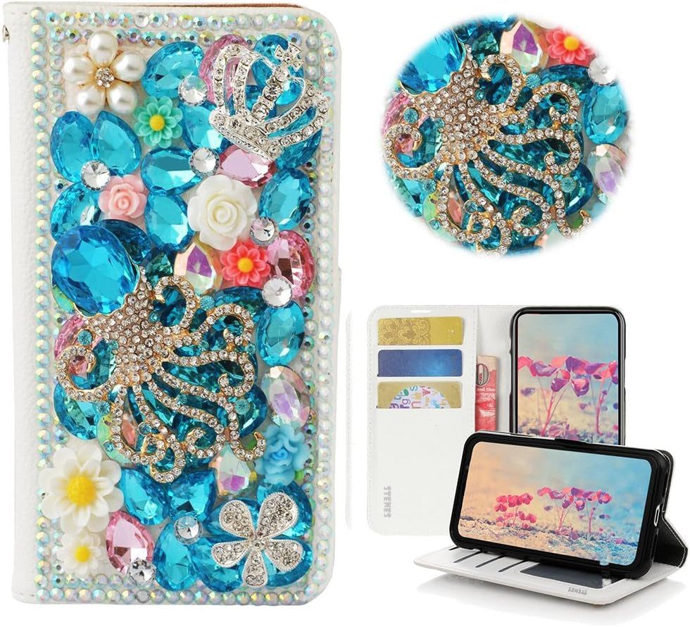 STENES LG G6 Case, LG G6 plus Case - STYLISH - 3D Handmade Bling Crystal Pretty Butterfly Flowers Wallet Credit Card Slots Fold Stand Leather Cover Case for LG G6/LG G6 plus - Blue  STENES Gemstone Octopus Crown Floral / Light Blue  