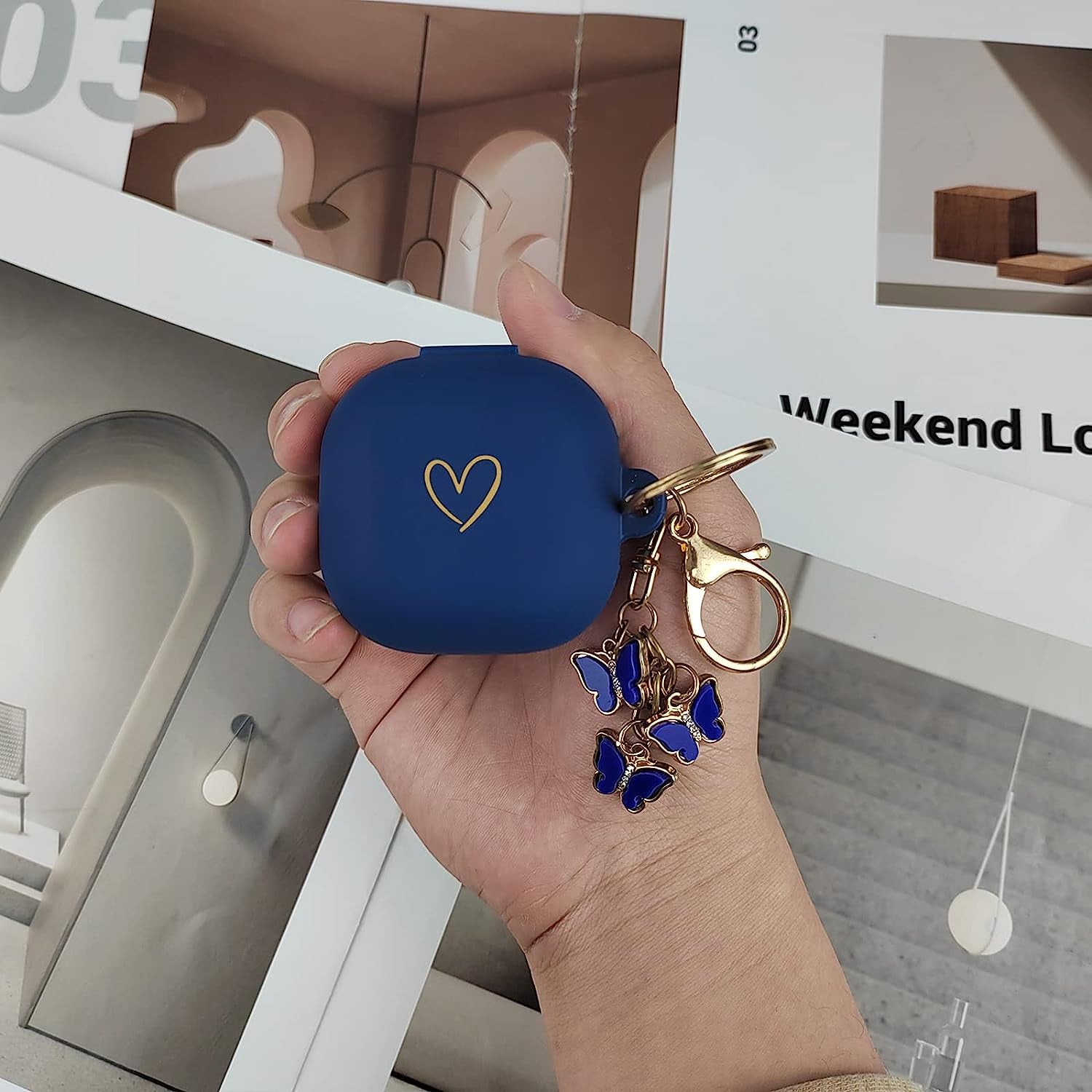 AIIEKZ Compatible with Samsung Galaxy Buds 2 / Buds Pro/Buds Live/Buds 2 Pro, Soft Silicone Case with Gold Heart Pattern with Cute Butterfly Keychain for Girls Women (Midnight Blue)  AIIEKZ   