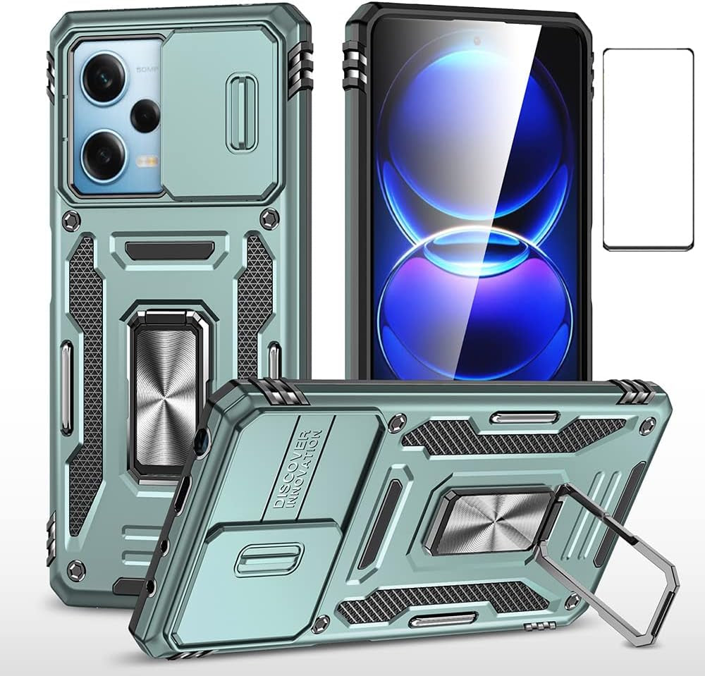 WVOZWWO for Xiaomi Redmi Note 12 Pro 5G/Poco X5 Pro 5G Case with Screen Protector, Protective Cover with Camera Protector Thin Kickstand Military Phone Case for Xiaomi Redmi Note 12 Pro 5G (Black)  Grand Eletronics Green  