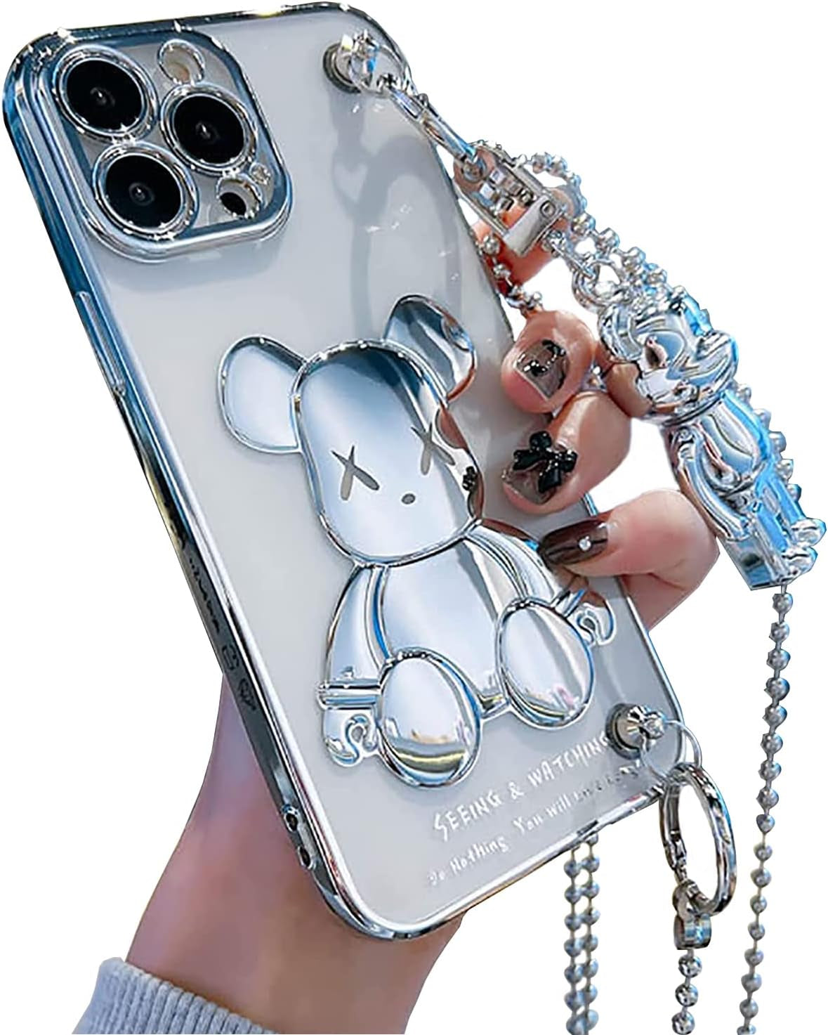 Aartvark Tees Cute Case for Iphone 13, Cartoon Silver Teddy Bear Sparkle Bling Cover with Metal Chain Strap Bell Pendant, Fashion Soft TPU Shockproof, Phone Case Suitable for Women & Girls  aartvark tees Silver Bear For Iphone 11 Pro Max 6.5" 