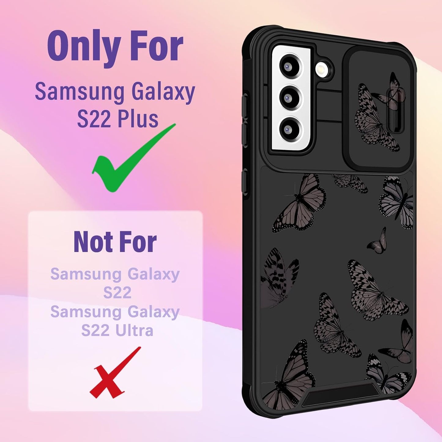 Funermei (2In1 for Samsung Galaxy S22 plus Case for Women Butterfly Cute Girls Cover Girly Pretty Kawaii Black Butterfly Design with Camera Cover and Ring Stand Funda for Galaxy S22 plus Phone Case  Funermei   