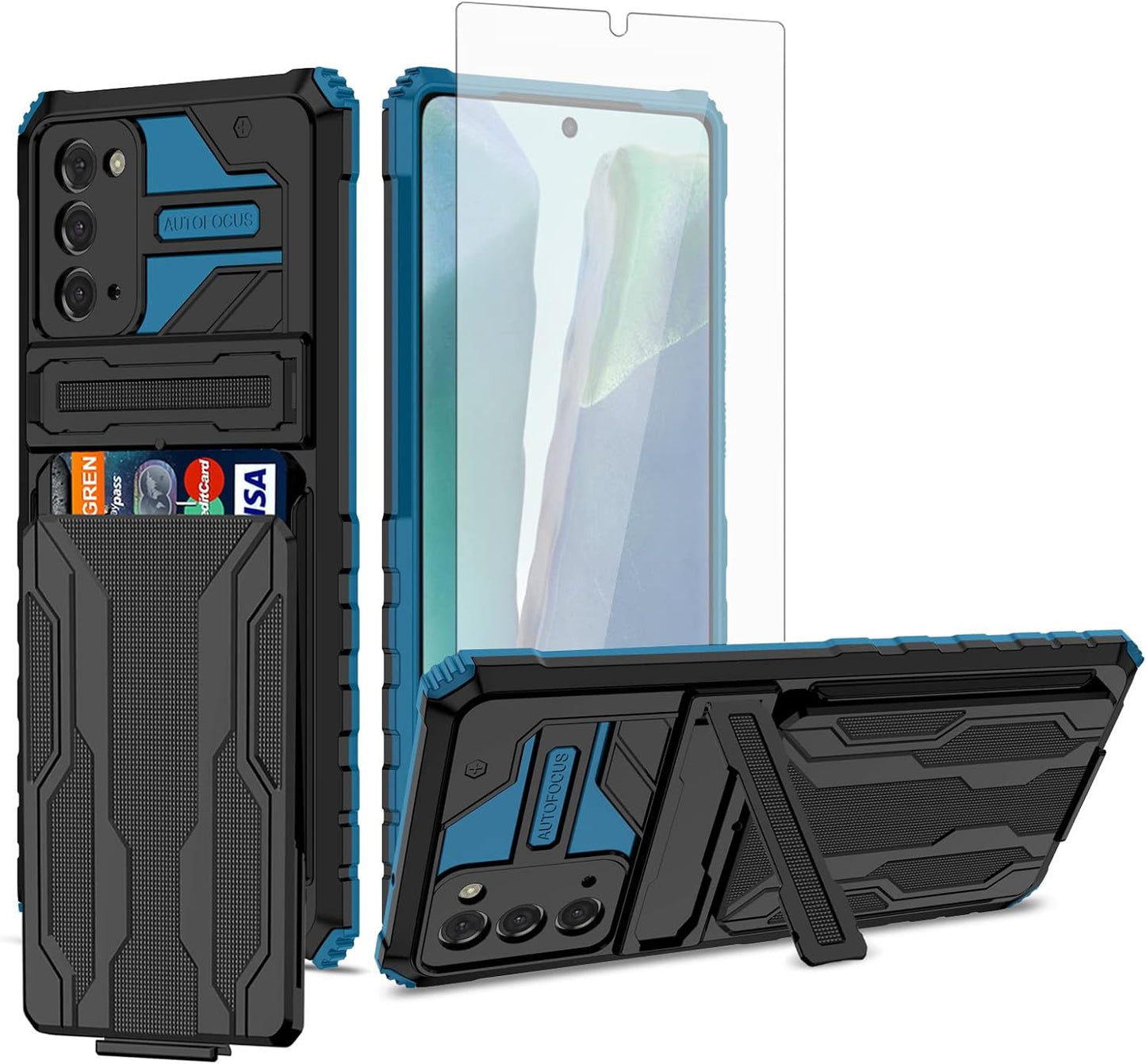 Asuwish Phone Case for Samsung Galaxy Note 20 Glaxay Note20 5G with Tempered Glass Screen Protector Cover and Credit Card Holder Stand Cell Accessories Gaxaly Notes 20S Twenty Not S20 Women Men Purple  Asuwish Blue For Note 20 / Note 20 5G 