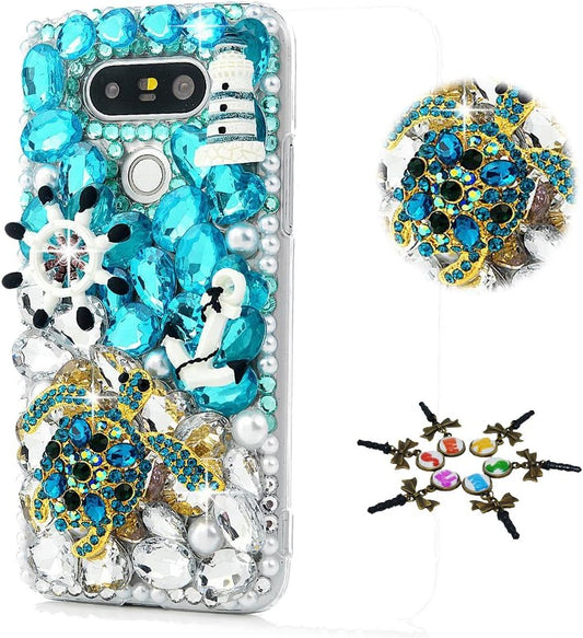 STENES LG G7 Case, LG G7 Thinq Case - STYLISH - 100+ Bling Crystal - 3D Handmade Bling Turtles Rudder Design Protective Cover Case for LG G7 Thinq - Navy Blue  STENES   