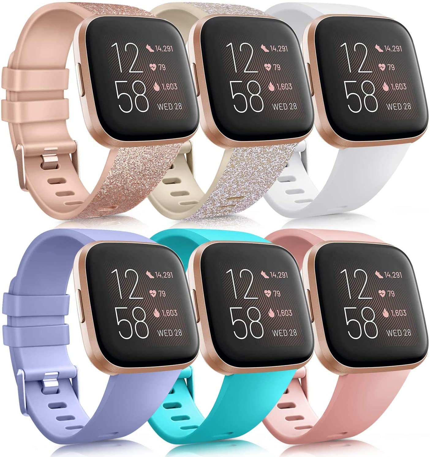 6 Pack Sport Bands Compatible with Fitbit Versa 2 / Versa/Versa Lite/Versa SE, Classic Soft Silicone Replacement Wristbands for Smart Watch Women Men (6 Pack A, Small)  AK Glistening Rose Gold/Glistening Champagne Gold/White/Lavender/Teal/Peach Small 