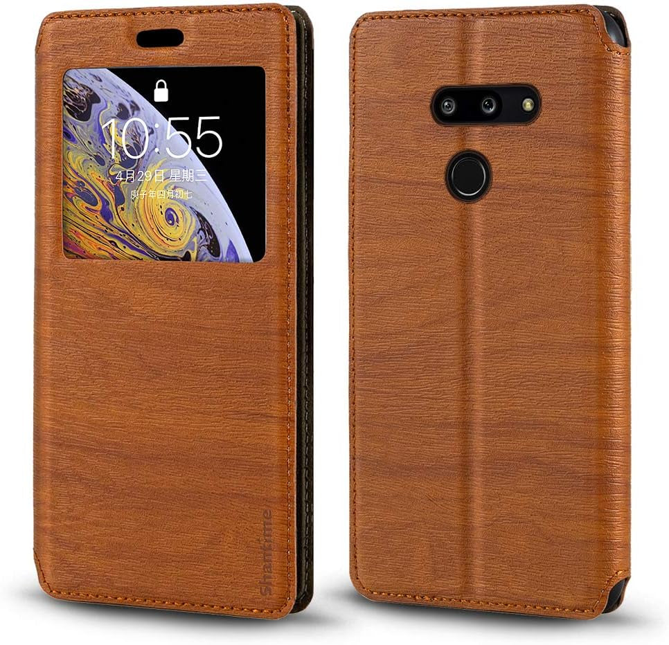 Shantime LG G8 Thinq Case, Wood Grain Leather Case with Card Holder and Window, Magnetic Flip Cover for LG G8 Thinq Gold  Shantime Brown  