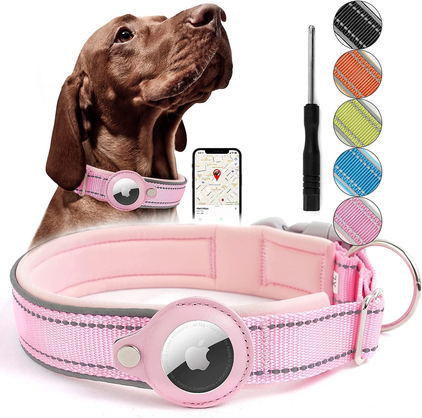Reflective Airtag Dog Collar, Heavy Duty Apple Air Tag Dog Collar, Padded Pet Collar with 2022 Updated Airtag Dog Collar Holder Case, Adjustable for Small Medium Large Breeds  Taporse Pink Large 16.5“-20” 