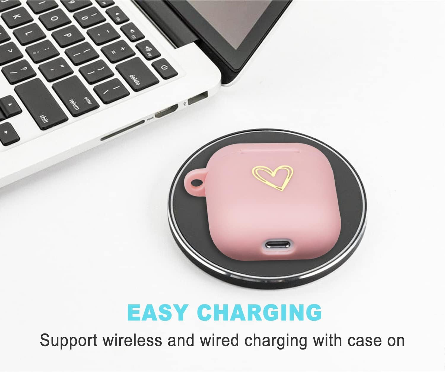 Wonjury Airpods Case Cute Soft TPU Gold Heart Pattern with Keychain Shockproof Cover Case for Girls Woman Apple Airpods 2 &1 - Pink  Wonjury   