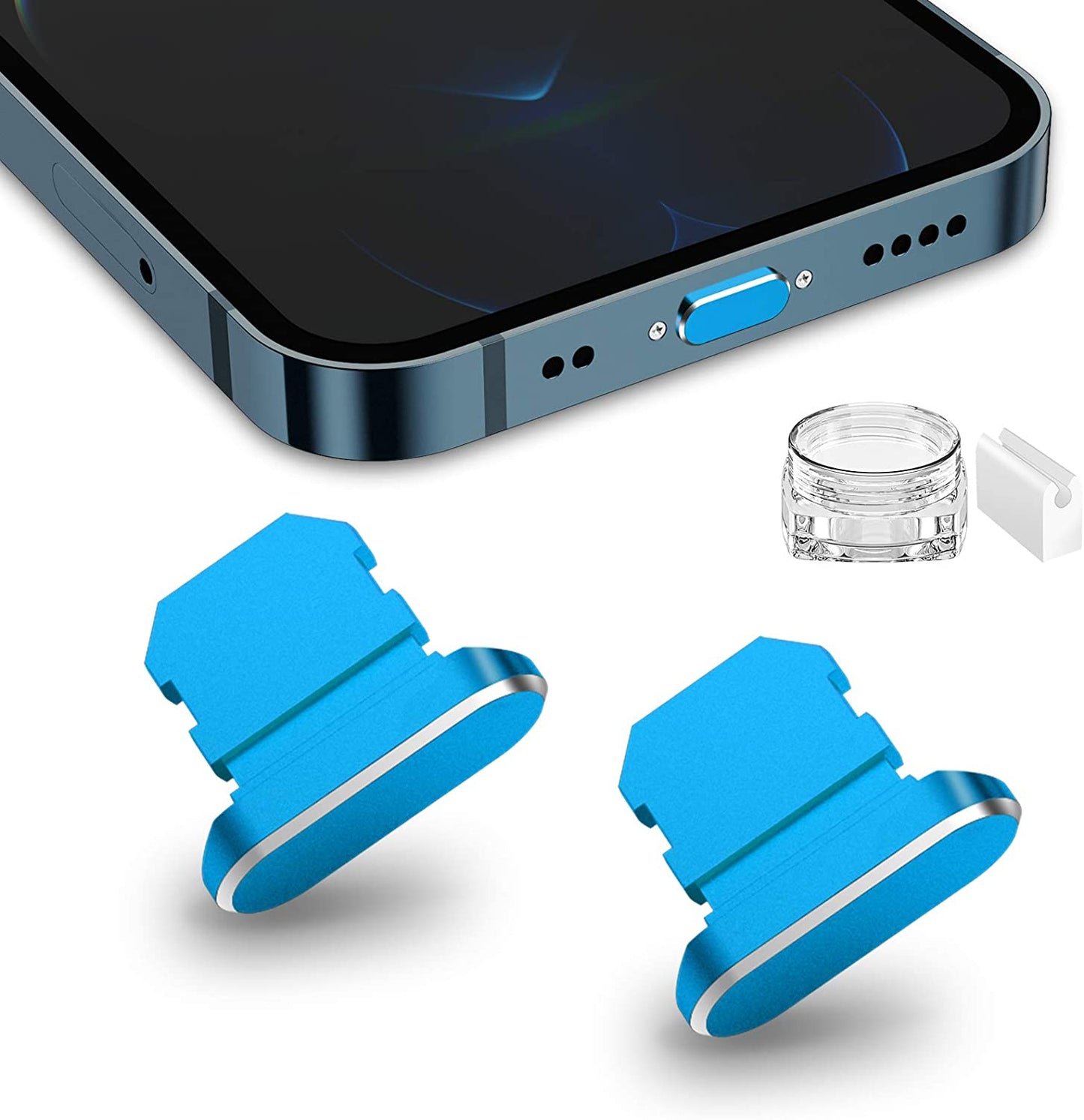TITACUTE 2 Pack anti Dust Plugs for Iphone 14 Pro Max 13 11 12 Mini Dust Cover 8 Pin Dust Plug + Mini Storage Box Iphone Charging Port Plugs for Iphone Xs XR X 8 7 plus SE Airpods Ipad Mini Air Black  TITACUTE Sky Blue  