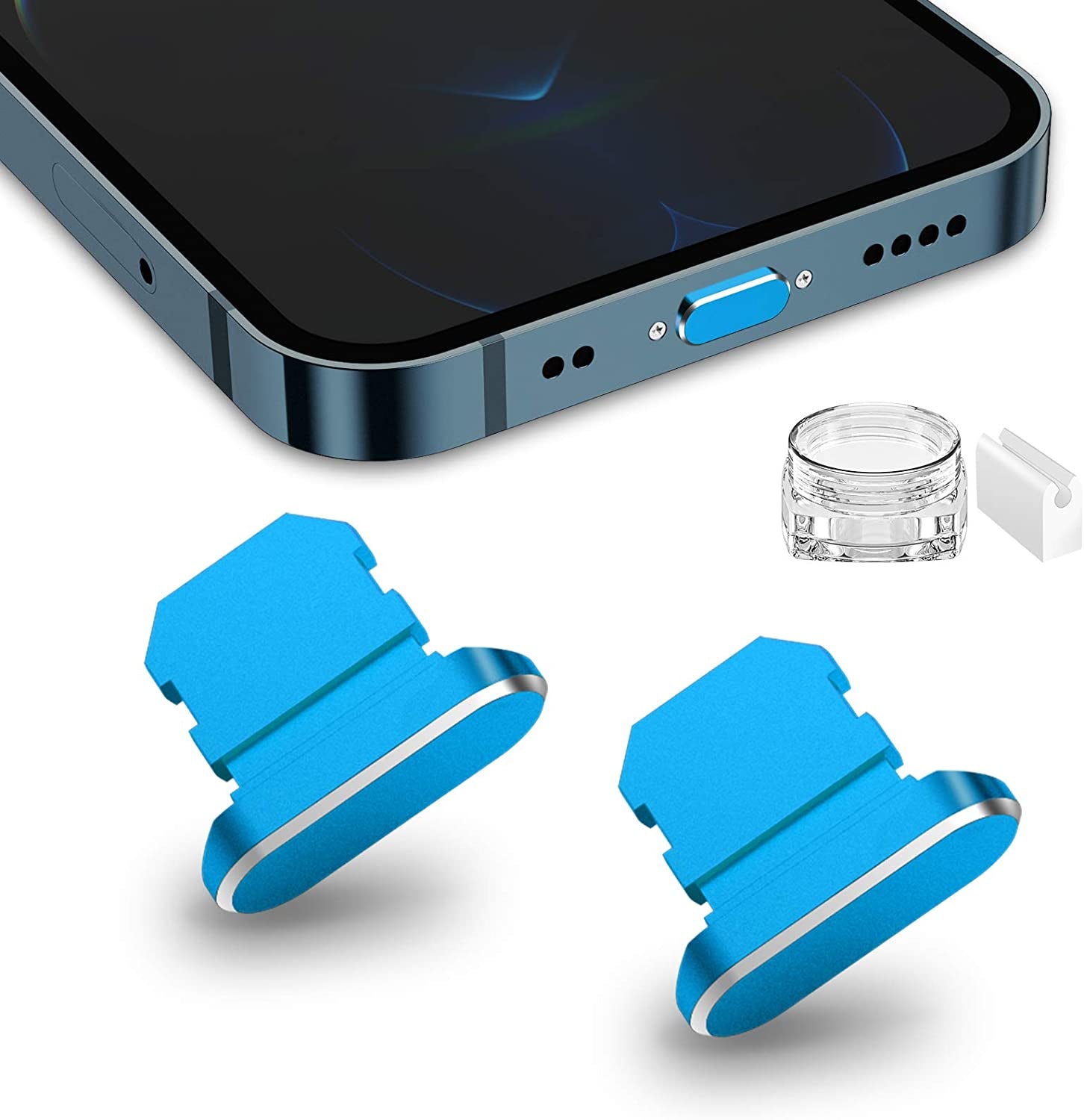 TITACUTE 2 Pack anti Dust Plugs for Iphone 14 Pro Max 13 11 12 Mini Dust Cover 8 Pin Dust Plug + Mini Storage Box Iphone Charging Port Plugs for Iphone Xs XR X 8 7 plus SE Airpods Ipad Mini Air Black  TITACUTE Sky Blue  