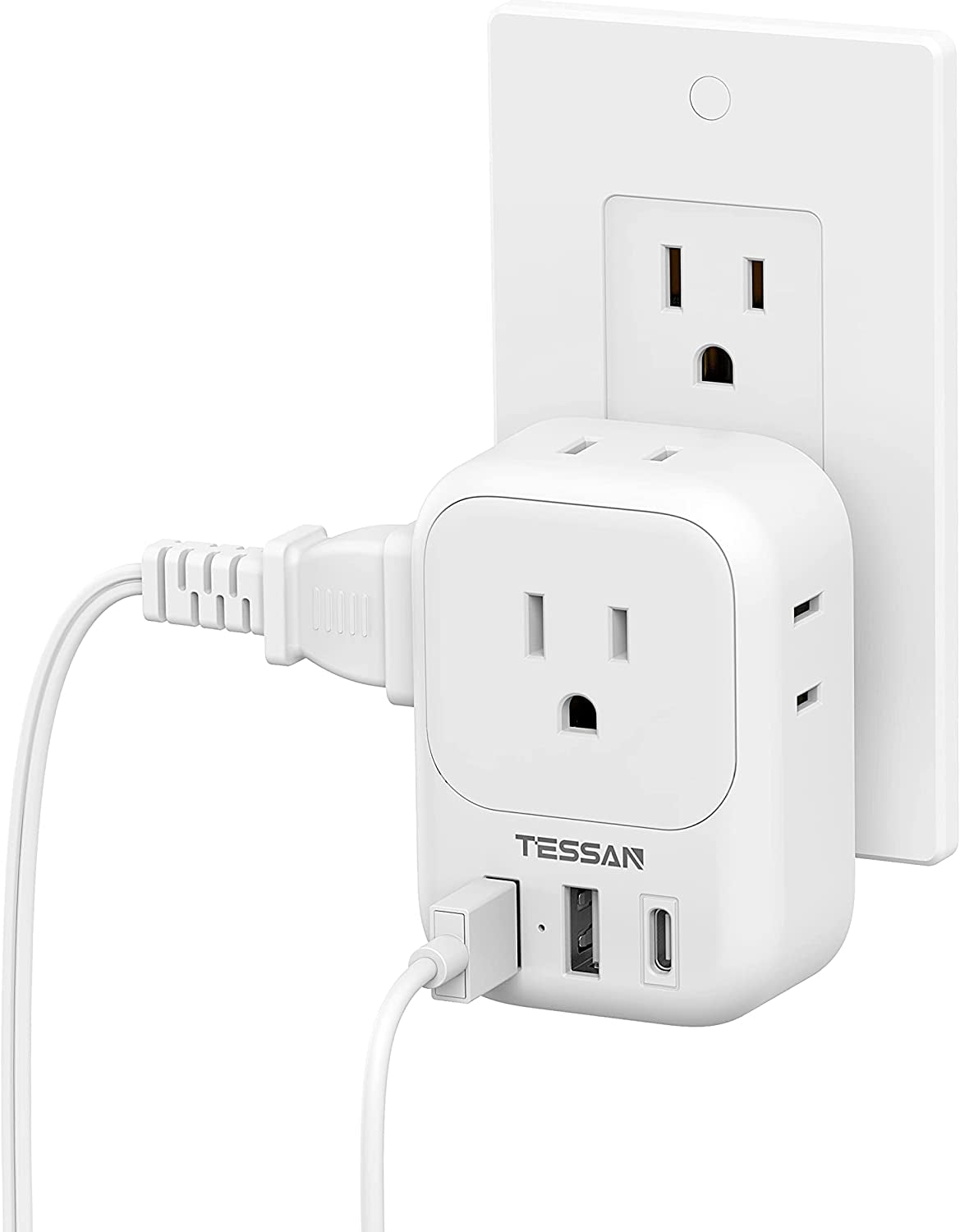 Wall Charger, USB Plug Adapter Outlet Extender, TESSAN 3 USB Ports(1 USB C Port), Multi Charging Station for Cruise, Bathroom, Office, Dorm Essentials  TESSAN White  
