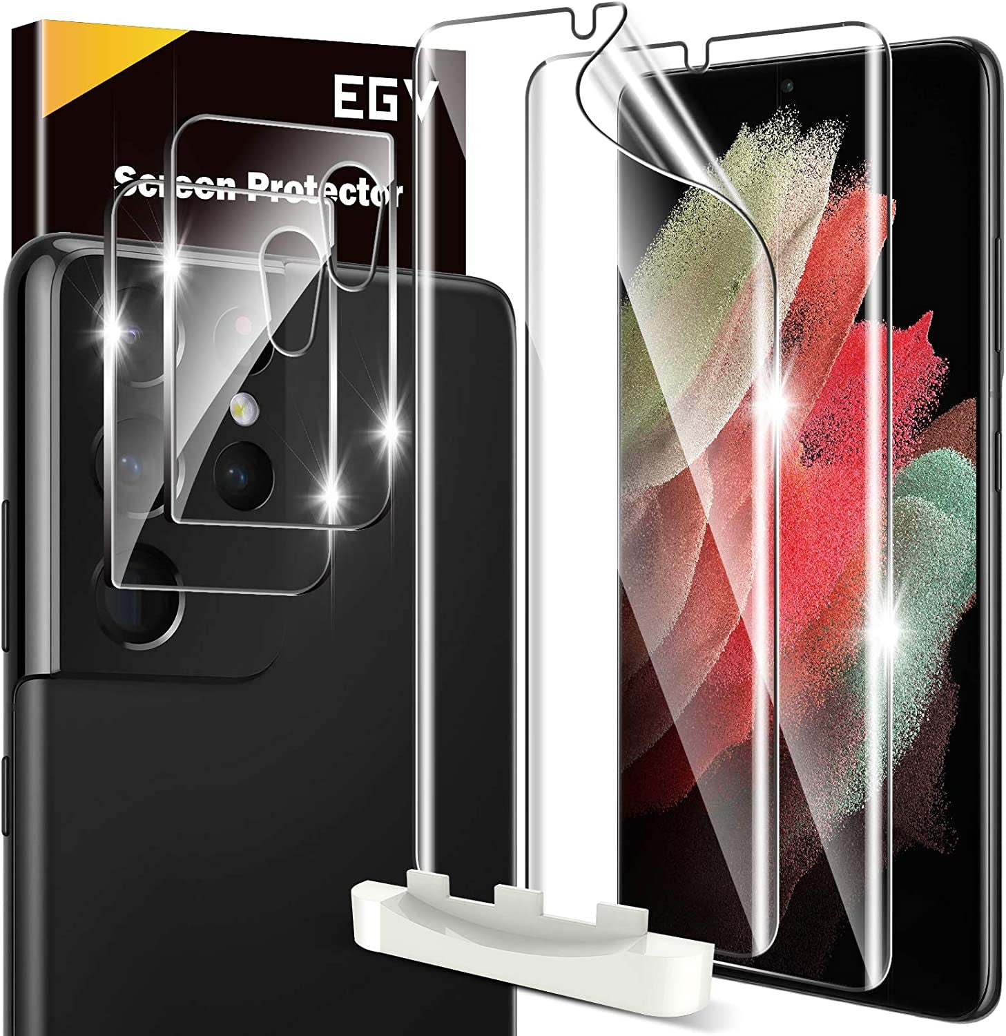 EGV [2+2 Pack] Compatible for Samsung Galaxy S21 Ultra 5G 6.8-Inch, Flexible TPU Screen Protector and Glass Camera Lens Protector[Support Fingerprint Reader] [Easy Installation] Case Friendly  EGV   