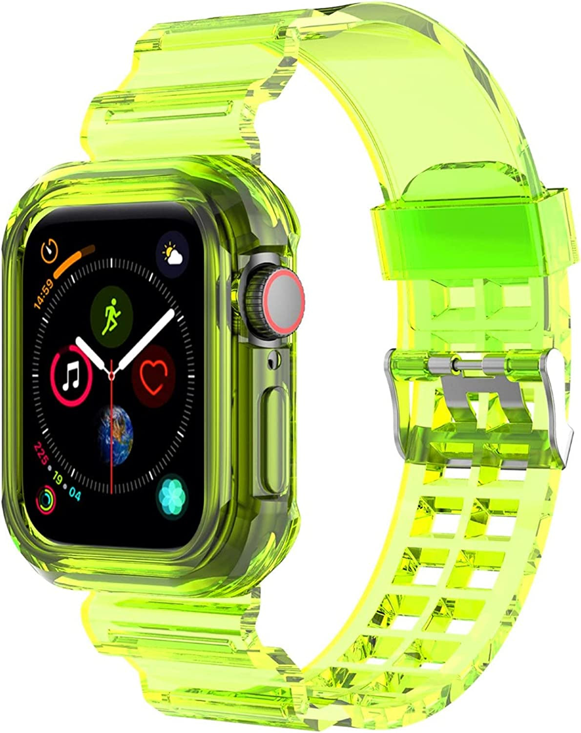 Kaihang Compatible for Apple Watch Band, Crystal Clear Iwatch Band Strap with Rugged Bumper Case 38Mm/40Mm/41Mm/42Mm/44Mm/45Mm/49Mm Bands for Apple Watch Series SE/8/7/6/5/4/3/2  Kaihang Fluorescent green 42mm/44mm 
