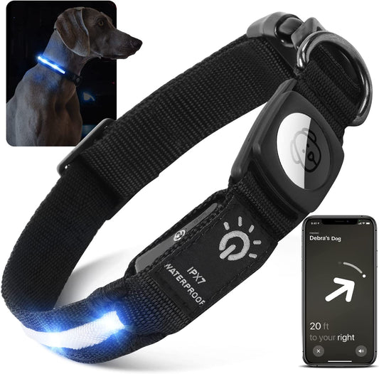 LED Air Tag Dog Collar - Light up Dog Collar[Ipx7 Waterproof] with Apple Air Tag Holder Case, Durable Rechargeable Lighted Air Tag Dog Collar Accessories for Puppy Dogs(S, Black)  typecase   