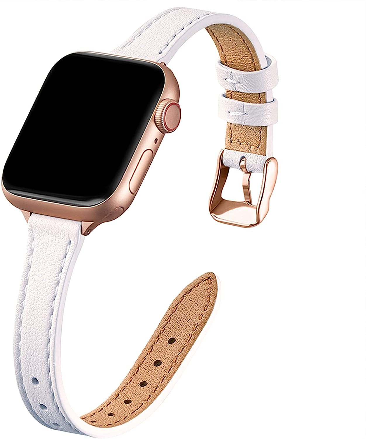 STIROLL Slim Leather Bands Compatible with Apple Watch Band 38Mm 40Mm 41Mm 42Mm 44Mm 45Mm 49Mm, Top Grain Leather Watch Thin Wristband for Iwatch Ultra SE Series 8/7/6/5/4/3/2/1  STIROLL White with Rose Gold 42mm/44mm/45mm/49mm 