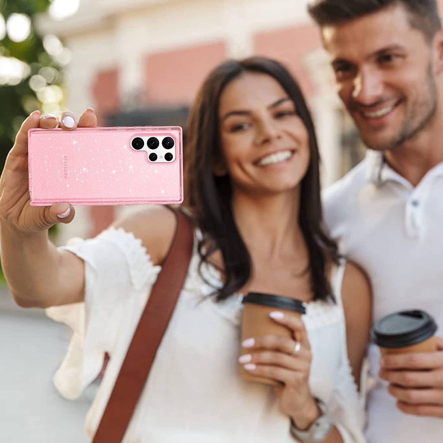 DUEDUE for Samsung Galaxy S22 Ultra 6.8" 5G Case Glitter Full Body Protective 3 in 1 Heavy Duty Hybrid Hard PC Rugged Shockproof Women Transparent Bling Sparkle Cover for Samsung S22 Ultra, Pink Clear  DUEDUE   