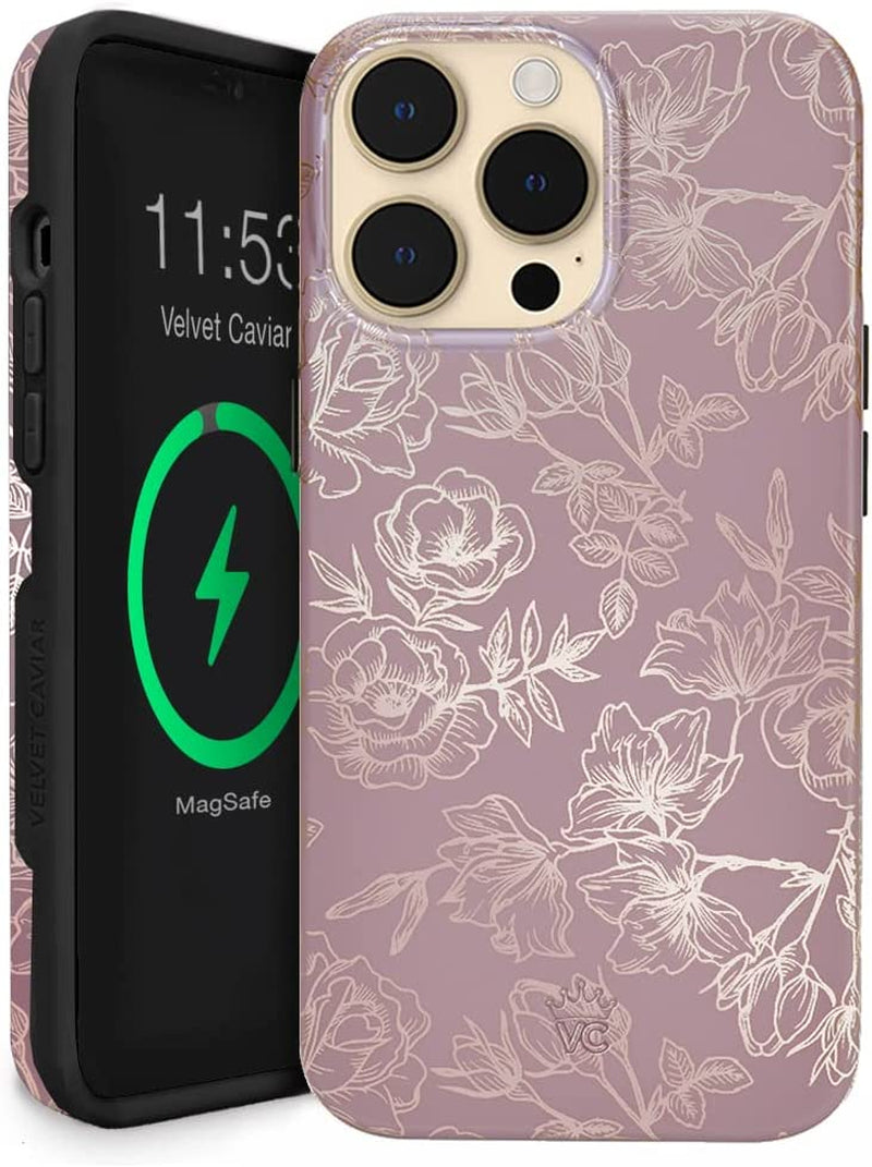 Velvet Caviar Designed for Iphone 14 Case Black Marble [10Ft Drop Tested] Compatible with Magsafe - Protective Microfiber Lining  Velvet Caviar Dusty Rose Floral iPhone 14 Pro 