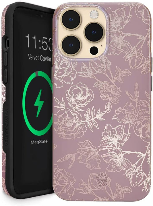 Velvet Caviar Designed for Iphone 14 PRO Case Floral [10Ft Drop Tested] Compatible with Magsafe - Protective Microfiber Lining (Purple, Rose Gold)  Velvet Caviar   