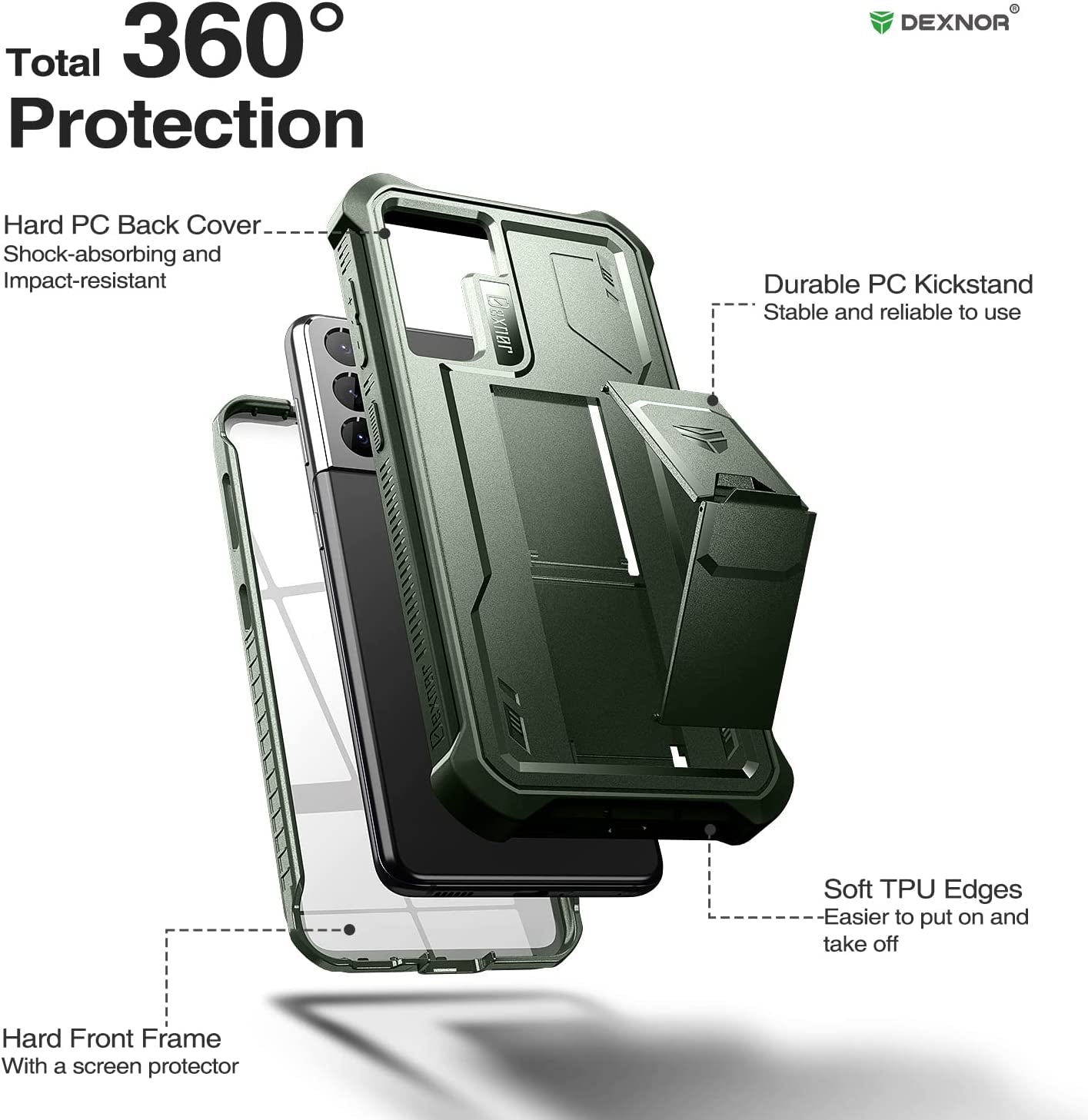 Dexnor for Samsung Galaxy S21+ plus Case, [Built in Screen Protector and Kickstand] Heavy Military Grade Protection Shockproof Protective Cover for Samsung Galaxy S21 plus 5G, 6.7 Inch, Army Green  Dexnor   