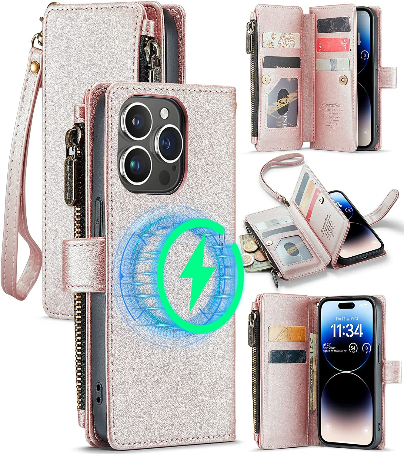 FLIPALM Wallet Case for Iphone 14 Pro(6.1") Flip Case,Compatible with Magsafe Charger,Pu Leather Zipper Protective Lanyard Strap Wristlet Case with Magnetic Closure and Card Holder Luxury Coffee  FLIPALM Rose Gold iPhone 14 Pro 