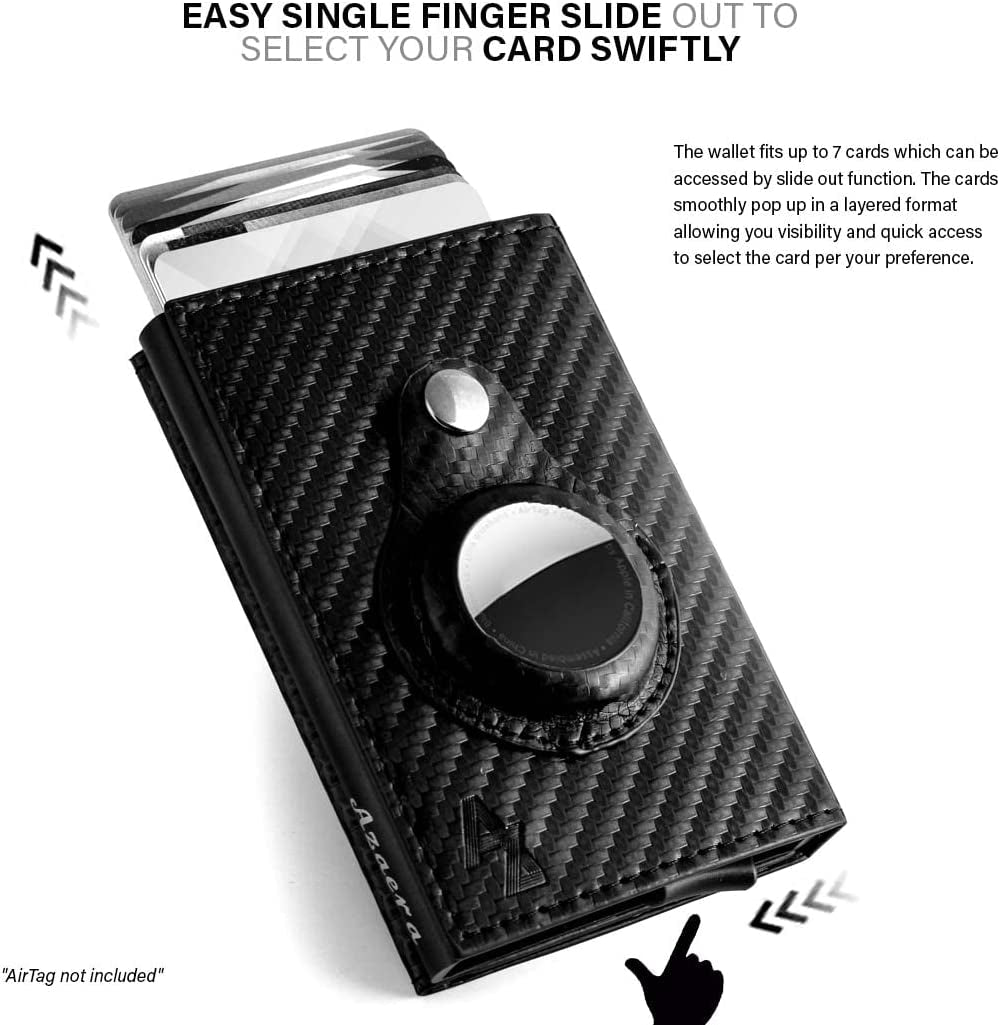 Azaera Apple Airtag Wallet Men and Pop up Credit Card Holder, Slim, Smart, Minimalist, Carbon Fiber Leather RFID Blocking with Air Black  Azaera   