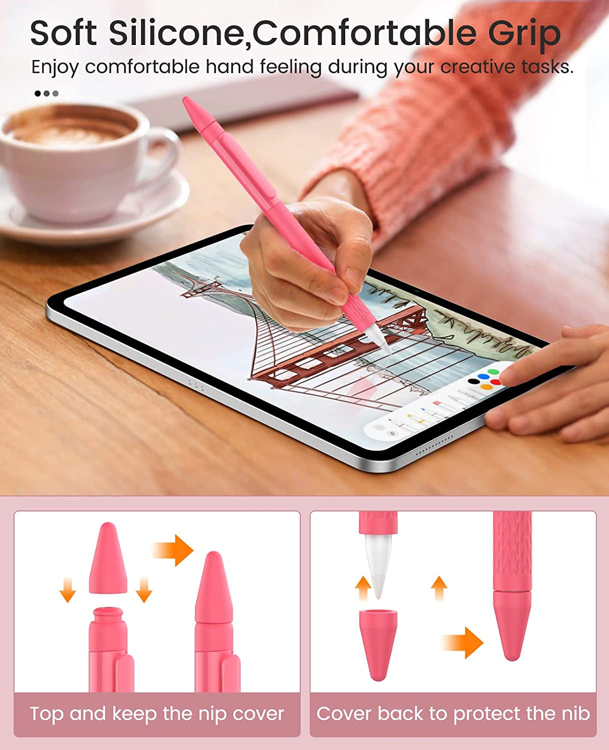 Moko Silicone Pencil Sleeve for Apple Pencil 1St Generation, Lightweight Apple Pencil Silicone Cover Anti-Slip Grip Ipad Pencil Holder with Clip, 3 Nips, Watermelon Red  MoKo   